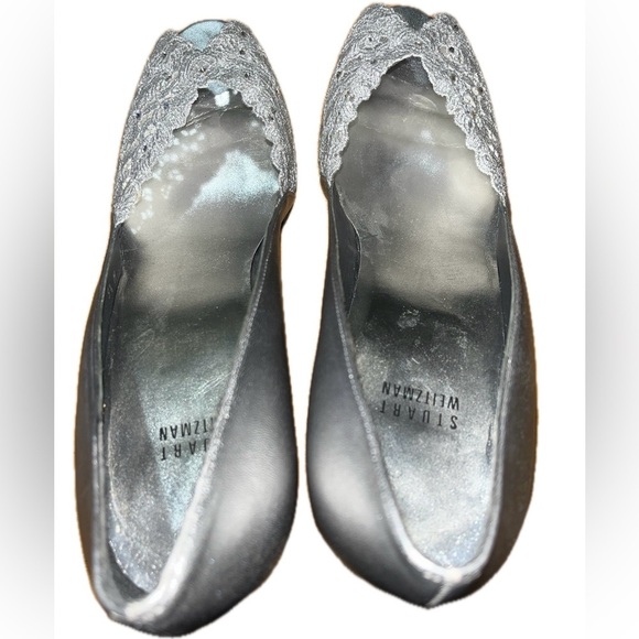 Stuart Weitzman Wedding Silver Satin And Lace Heels, SZ 9.5”M - Picture 10 of 16